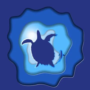 Turtle Vector Silhouettes with Fish Paper Art Stock Illustration