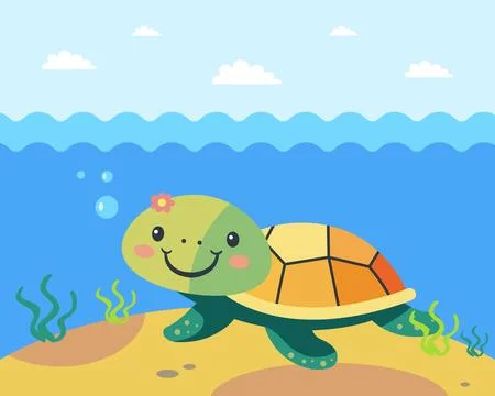 Turtle in the water sits on the bottom of the ocean. cute character. Stock Illustration