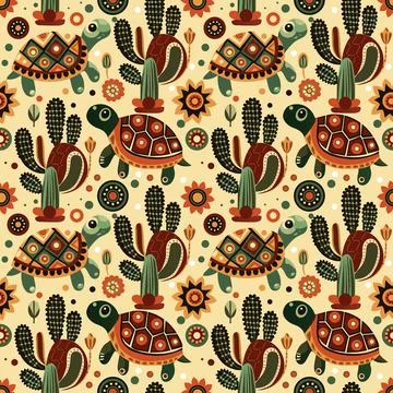 Turtles with cacti on a light background pattern Stock Illustration