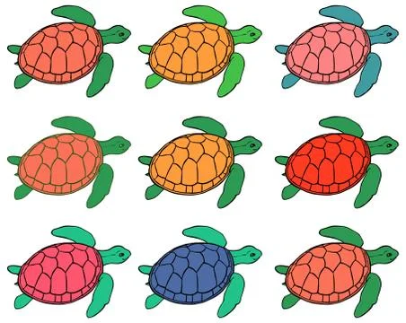 Turtles in different colors - find two identical turtles Stock Illustration