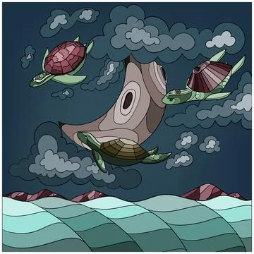 Turtles flying in the sky among the clouds Stock Illustration