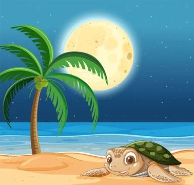 Turtle's Nighttime Beach Adventure Stock Illustration