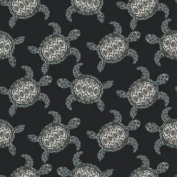 Turtles seamless pattern. Sea animal world under water. Ocean turtles dark Stock Illustration