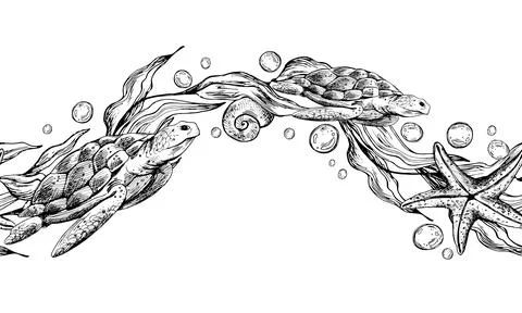 Turtles, seaweed in the shape of a wave with starfish and water bubbles. Graphic イラスト素材