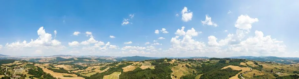 Tuscany landscape drone panorama during daytime, Pomarance, Italy Stock Photos