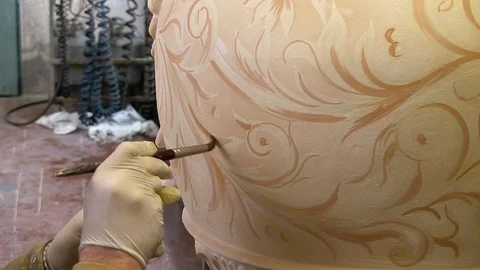 Tuscany: Man Paints Large Ceramic, Close Up Stock Footage 92498043