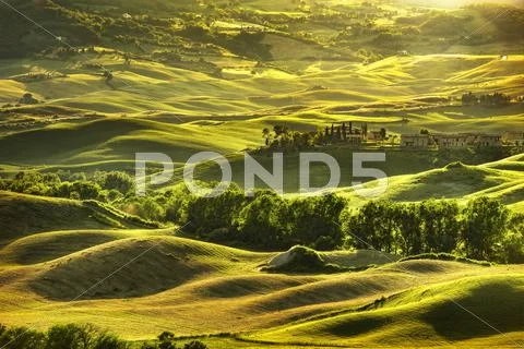 Tuscany spring, rolling hills on sunset. Rural landscape. Green fields and fa Stock Photos