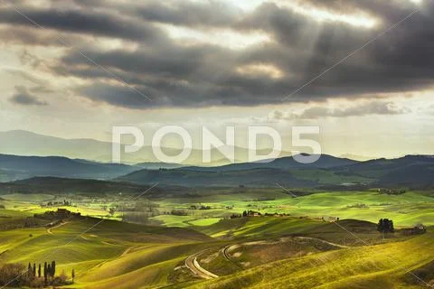 Tuscany spring, rolling hills on sunset. Rural landscape. Green fields and fa Stock Photos