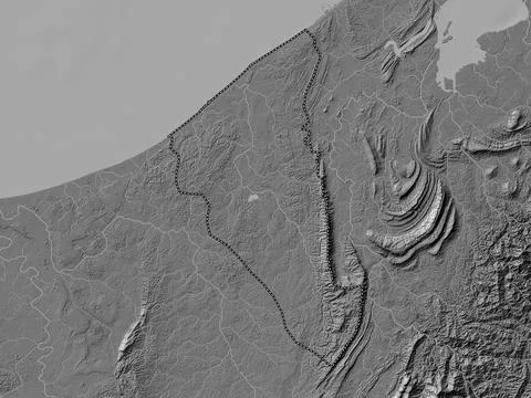 Tutong, Brunei. Bilevel elevation map with lakes and rivers Stock Illustration