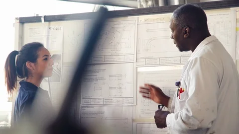Tutor Discussing Technical Drawings With Apprentice Engineer 스톡 동영상 86601960