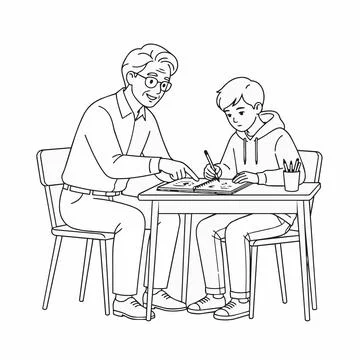Tutor helping student with homework, line art illustration Silhouette Illustrazione stock