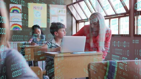 Tutor leaning, pointing at laptop, helping pupil while binary overlay flowing Stock Footage 334321846