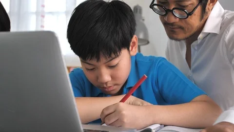 Tutor room children in class learning on laptop computer with teacher. Stock Footage 95779751
