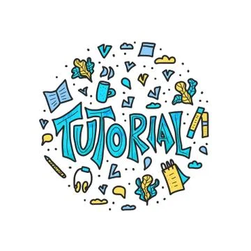 Tutorial concept. Vector circle composition of e-learning elements. Lettering Illustrazione stock