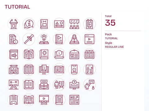 Tutorial Design Vector Icons featuring 35 Pixel Aligned Regular Line Style Stock Illustration