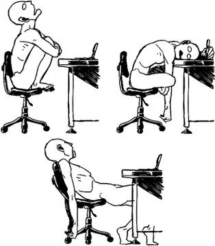 Tutorial of drawing body. Drawn nude man on a chair at a computer table Stock Illustration