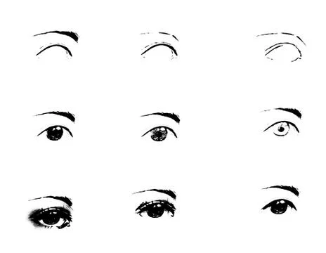 Tutorial of drawing human eye. Eye in anime style. female eyelashes. 스톡 일러스트