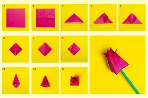 Tutorial handmade paper tulip origami, mother's, woman day concept. 写真素材