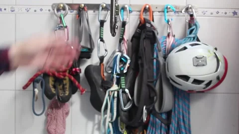 Tutorial of how to use a belay device in guide mode, for rock climbing practi Stock Footage 130221431