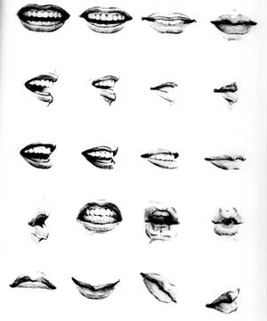 Tutorial lesson drawing human mouth and lips. Drawing smiles and lips. Stock Illustration