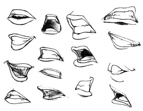 Tutorial lesson drawing human mouth and lips. Drawing smiles and lips. 库存插图