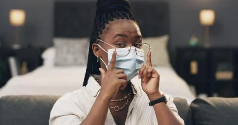 Tutorial, mask and portrait of black woman with glasses for health tips, ho.. Fotos Stock