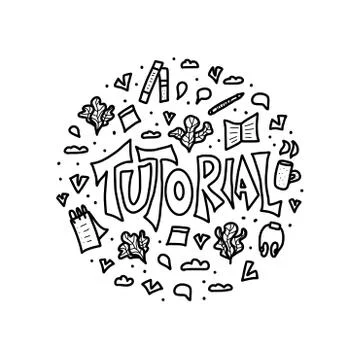Tutorial round badge.  Lettering with decoration in doodle style. Vector blac Stock Illustration