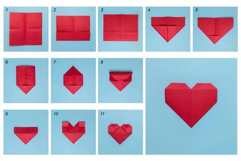 Tutorial step by step origami paper heart. Stock Photos