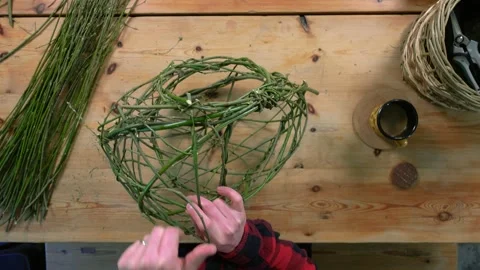 Tutorial Of Weaver Finishing Random Weave Egg Shaped Harvest Basket Flat Lay Video stock 253337927
