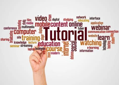 Tutorial word cloud and hand with marker concept Stock Illustration