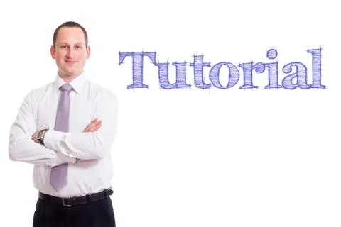 Tutorial - Young businessman with blue text Stock Photos