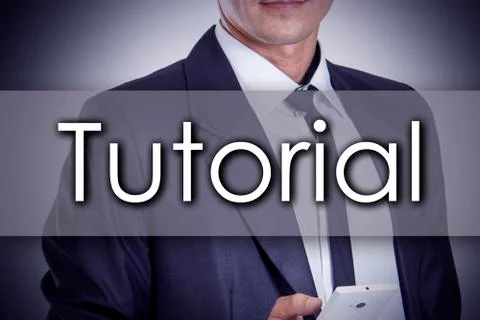 Tutorial - Young businessman with text - business concept Stock Photos