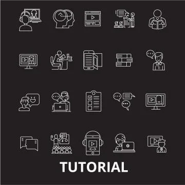 Tutorials editable line icons vector set on black background. Tutorials white イラスト素材