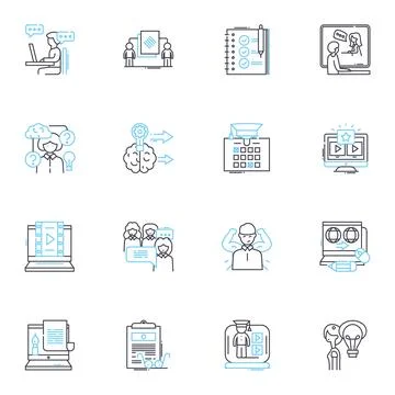 Tutoring linear icons set. Instruction, Mentorship, Guidance, Learning, Teaching Illustrazione stock