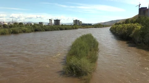 Tuul gol River in Ulaanbaatar, Mongolia, view from the bridge. Stock Footage 304170212