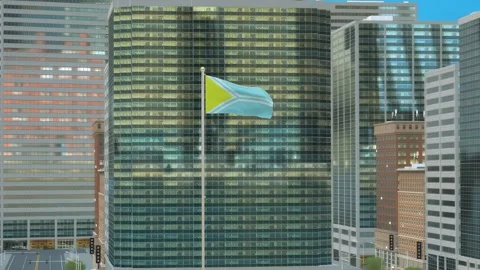 Tuva Flag 3D Render Animation on Pole with Modern Business District Building Stock Footage 333040405