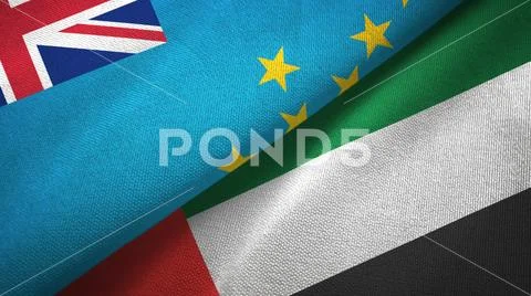 Tuvalu and United Arab Emirates two flags textile cloth, fabric texture Stock Photos