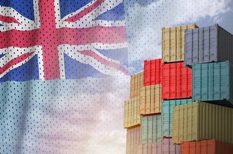 Tuvalu flag and big stack of shipping cargo containers in docks with sky Stock Photos