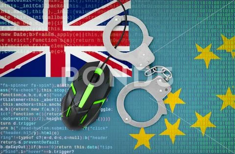 Tuvalu flag and handcuffed computer mouse. Combating computer crime, hackers Stock Photos