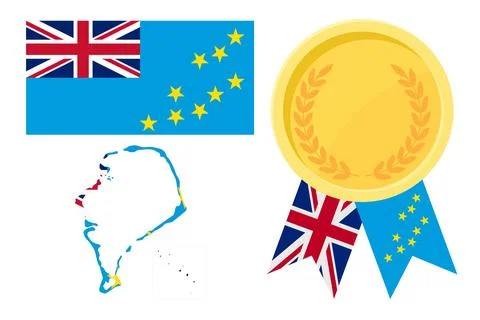 Tuvalu flag with map and gold medal in set for web and banners or app and gam Stock Illustration