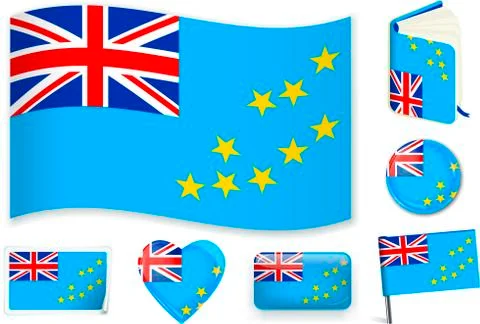 Tuvalu flag wave, book, circle, pin, button, heart and sticker. Stock Illustration