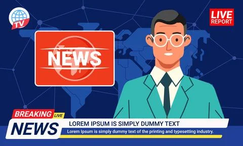 TV anchorman reader on a television program reporting news with world map Ilustración de archivo