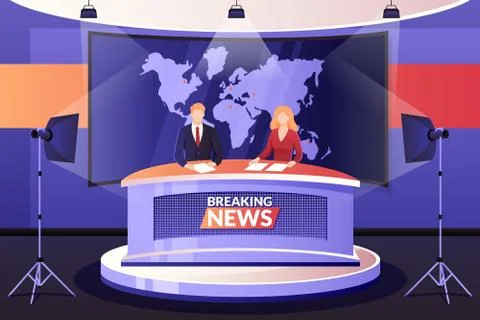 TV breaking news broadcasting, vector illustration. Live events, interview an Stock-Illustration