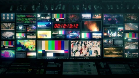 TV Broadcast News Studio Video Control Room Screens - Background Loop 4K Stock Footage