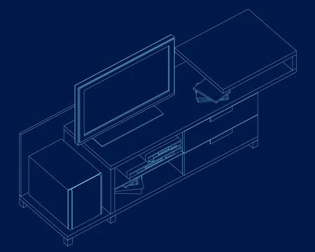 TV cabinet interior with decorative elements, books. Contour vector illustration Stock Illustration