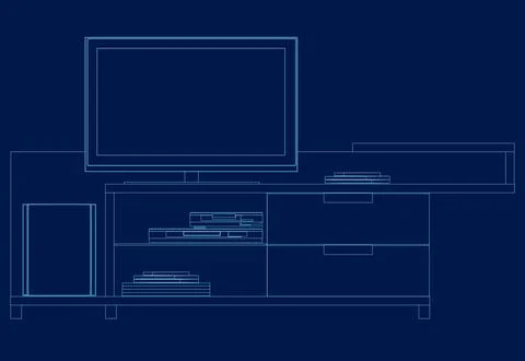 TV cabinet interior with decorative elements, books. Contour vector illustration Stock Illustration