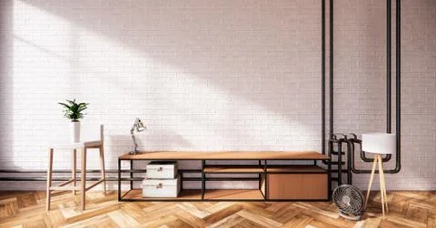 Tv cabinet in loft interior white brick wall room minimal designs, 3d renderi Stock Illustration