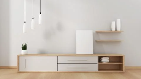 Tv cabinet in modern empty room Japanese - zen style,minimal designs. 3D rend Stock Illustration
