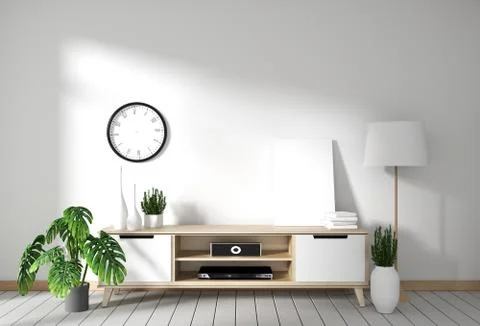 Tv cabinet in modern empty room Japanese - zen style,minimal designs. 3D rend Stock Illustration