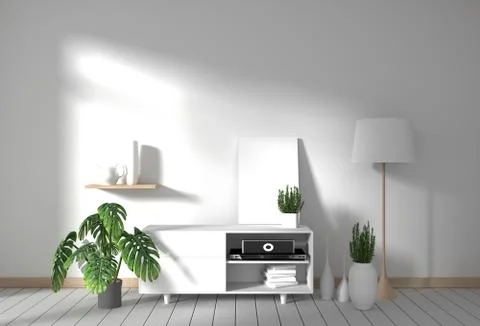 Tv cabinet in modern empty room Japanese - zen style,minimal designs. 3D rend Stock Illustration